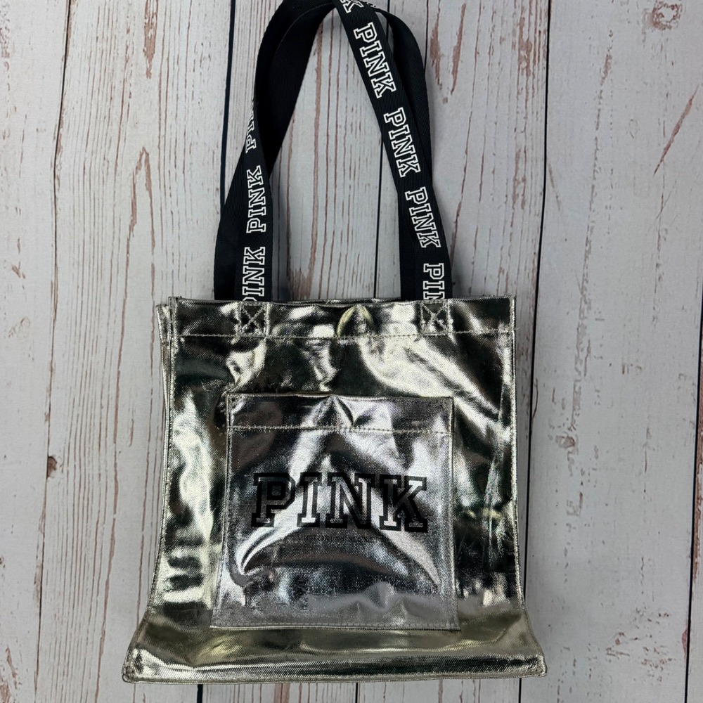 Victoria's Secret PINK Metallic Silver Tote Bag Black Logo Straps Pocket